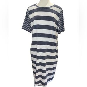 Polagram Women's Dress Size L Blue White Stripe Pullover Short Sleeve Casual